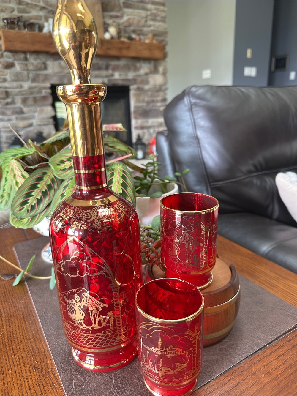 Vintage Bohemian Red Glass Decanter and Tumblers Set with Gold Filigree